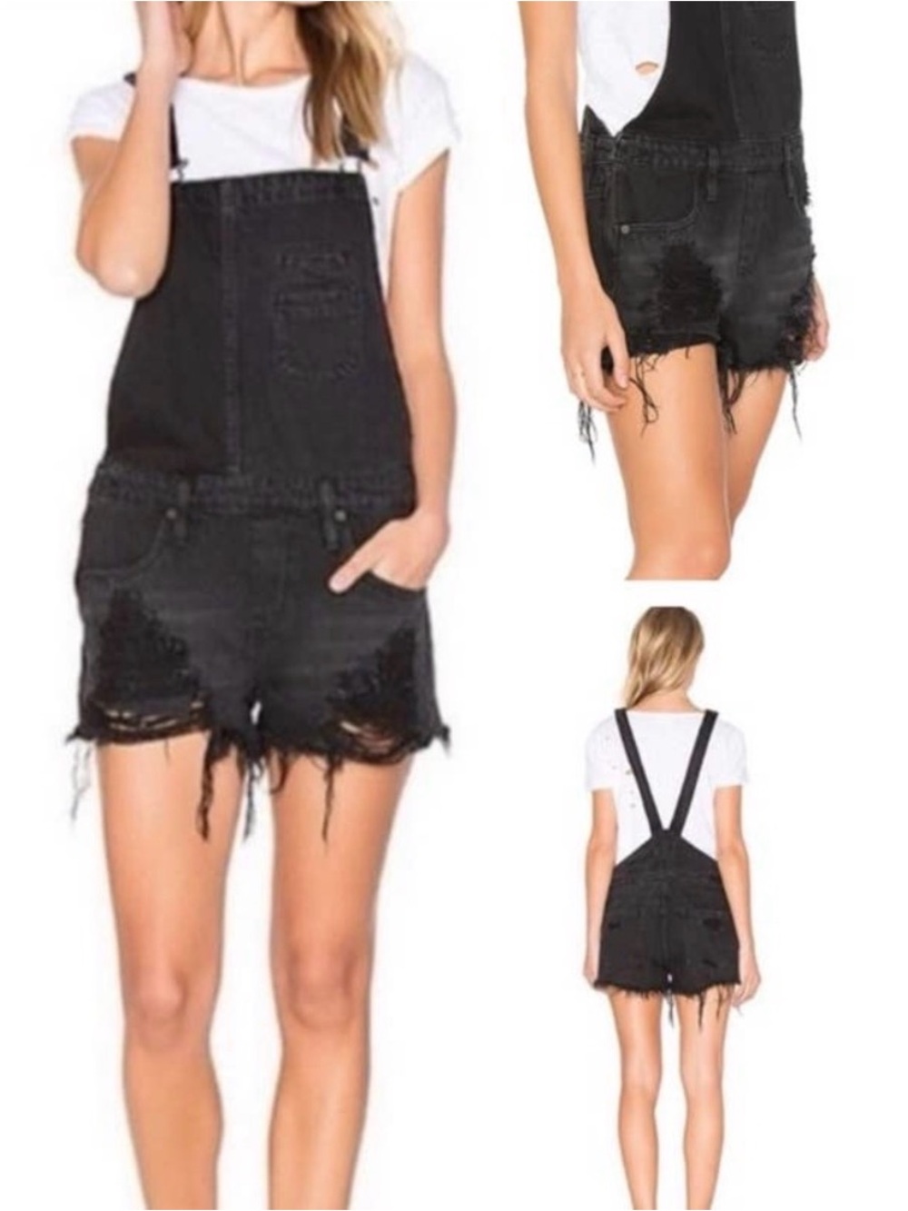 BLANKNYC Destroyed Overall Romper Shorts Black Wash Denim 16C-1631 Size 29